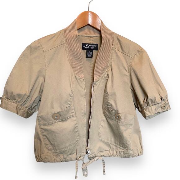 Vntg Y2k Sharagano Studio Cropped Utility Bomber Jacket Sz L Tan Puff Sleeve - Picture 5 of 13